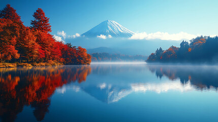 Fototapeta premium Mt. Fuji in spring, with a view of the lake and clear sky