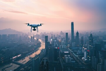 Drone Over Bustling Cityscape During Sunset - Urban Technology Aerial View for Design, Print, Poster