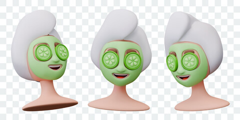 Smiling woman with towel on her head. Female character with cosmetic mask and cucumbers on face