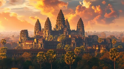 Obraz premium Angkor Wat during a vibrant sunrise,