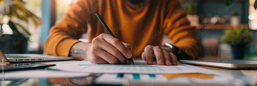 Poster a person is analyzing charts and graphs at a wooden desk, meticulously reviewing data and making adj