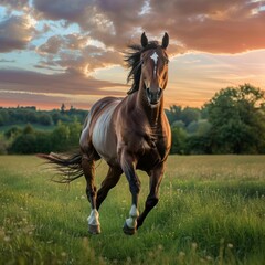 Obraz premium Majestic Horse Galloping Through Sunset