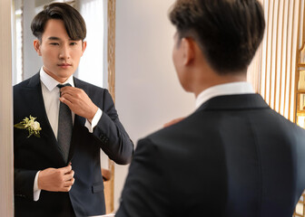 Groom in front of a mirror, Man in front of a mirror