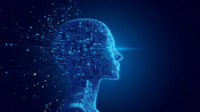 Profil num&eacute;rique d'IA avec code binaire sur fond bleu