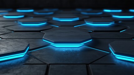 Fototapeta premium 3D Render of Abstract Futuristic Background with Blue Glowing Hexagons on Dark Concrete Floor
