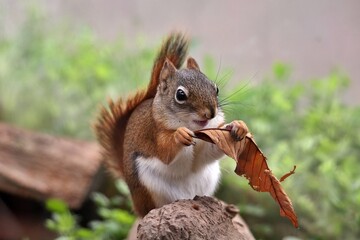 枯葉を手に持つ笑顔のアカリス