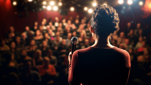 Back view of female motivational speaker holding microphone delivering speech to audience inside conference auditorium 