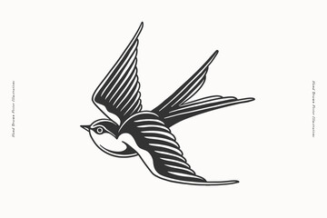 A hand-drawn black and white illustration of a flying swallow, ideal for use in tattoo designs, nature-themed artwork, and vintage-inspired projects.