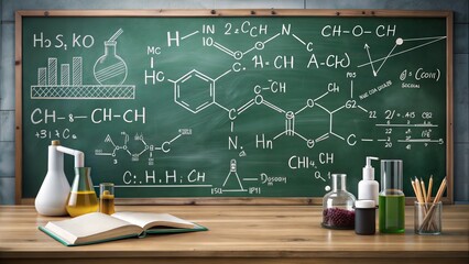 A photorealistic image of the product is a blackboard on which chemical formulas are written in white chalk in the foreground is a table