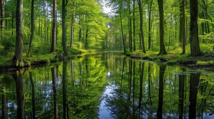 Obraz premium A tranquil forest with vibrant greenery surrounds a peaceful pond that mirrors the trees above