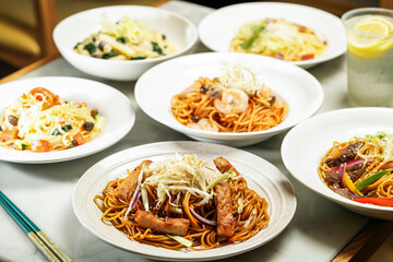 Spaghetti Noodles with Pork Chop in Swiss Sauce, Spaghetti with Shrimps and mushroom, Spaghetti with Shredded Beef with Black Pepper, Linguine pasta Crab Roe Smoked Salmon, Penne Spinach and Mushroom