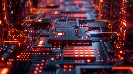 Obraz premium Abstract digital circuit board with glowing red and orange lights