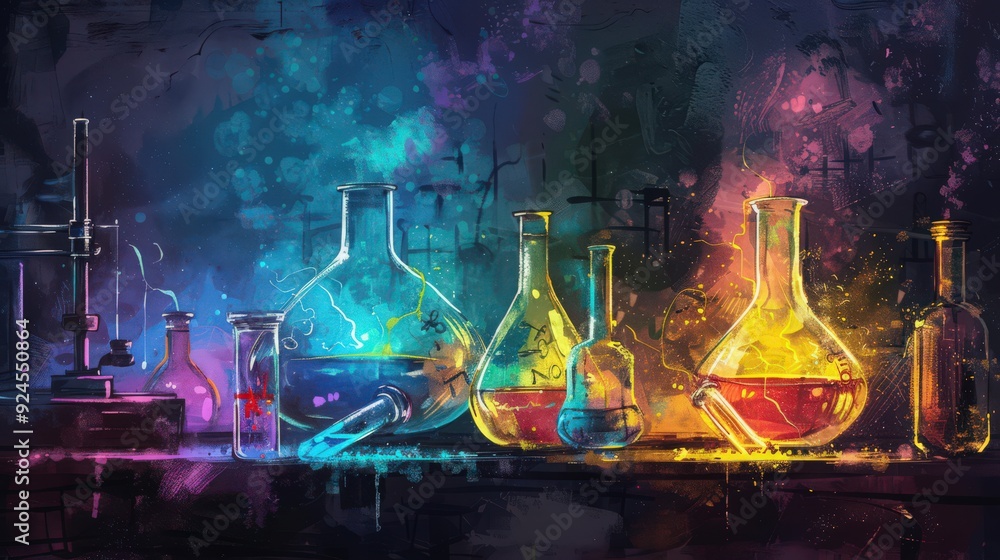 Poster artistic depiction of a chemistry experiment on synthesis reactions, showing the process of combinin