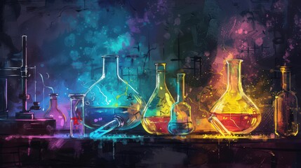 Artistic depiction of a chemistry experiment on synthesis reactions, showing the process of combining chemicals to create new compounds