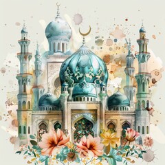 Obraz premium Watercolor mosque greeting card design in Islamic art, Ramadan Kareem month sketch, Islamic nuanced decoration, Islamic patterns and elegant hand drawn Islamic flowers, Eid al-Fitr.