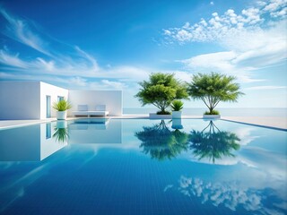 Fototapeta premium Crystalline Oasis - Secondary: Clear, Pristine | Mood: Serene, Peaceful | Technical: Sharp Reflections, Minimalist | Color: White, Blue | Concept: Water's purity and reflective qualities