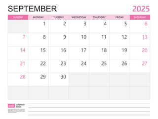 Calendar planner 2025 template- September 2025 year, week start on Sunday, Desk calendar 2025 design, simple and clean design, Wall calendar, Corporate design planner template vector