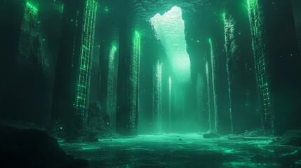 Obraz premium Glowing Green Pillars in a Mysterious Cave