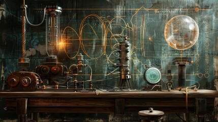 Artistic depiction of a physics experiment demonstrating electromagnetic induction, including coils, magnets,