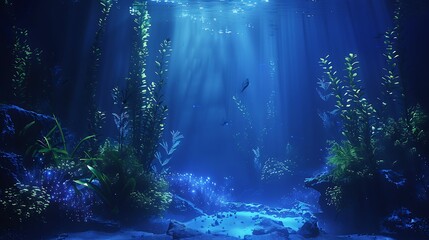 Fototapeta premium A beautiful ocean abyss-themed aquarium with dark, deep-sea backgrounds, glowing plants, and unique deep-sea creatures. The soft,
