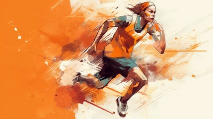 A woman running with a bright orange background