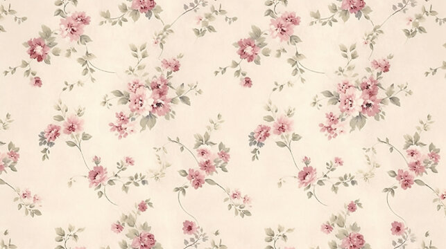 Shabby chic small floral pattern on a cream background, with muted pink and gray colors, small flowers, and a vintage wallpaper design for digital paper. 