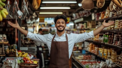 People working in the supermarket A handsome young man wearing an apron and shirt is standing proudly and happily.