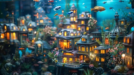 Obraz premium A captivating cityscape-themed aquarium with intricate miniature buildings, tiny streetlights, and sleek urban fish. The soft lighting creates a vibrant and dynamic underwater city atmosphere.