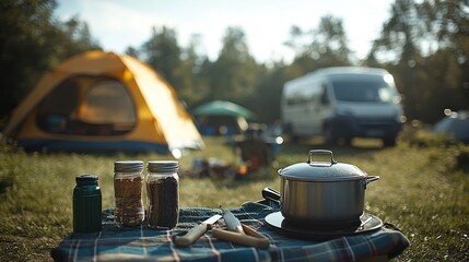 Camping in nature with cooking supplies on table