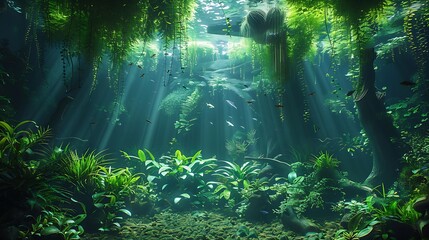 A captivating jungle adventure aquarium, showcasing dense aquatic plants, intricate driftwood, and exotic fish. The soft, ambient lighting enhances the lush and wild feel of the underwater jungle.