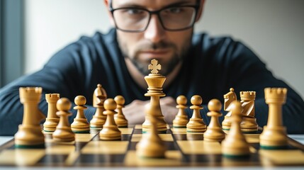 Serious man concentrating on chess game