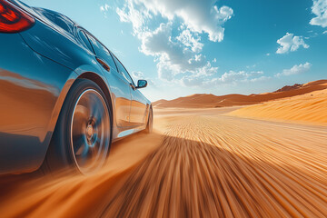 Obraz premium Lower right POV view of a car speeding along a desert highway with a motion blur effect
