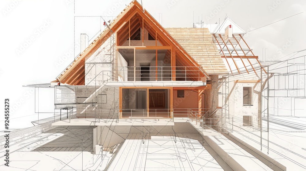 Poster artistic representation of a blueprint for a residential attic conversion, showing the design of new