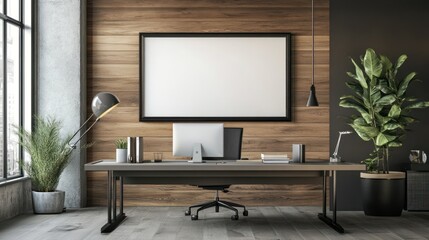 Modern Minimalist Home Office with Wood Wall and Large Blank Canvas