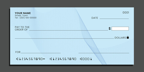 Blank bank check. Personal desk check template with empty field to fill. Checkbook cheque template. Vector.