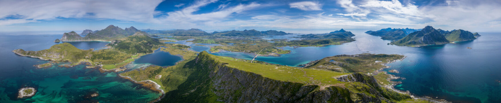 Aerial panorama of Mountain peak Offersoykammen (Lofoten, Norway)