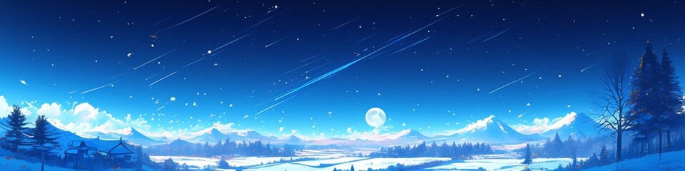 Fototapeta premium Enchanting Winter Wonderland: Anime-Style Magical Forest at Night with Moonlit Snow, Shooting Stars, and Dreamy Landscape. Perfect for Book Covers, Game Design, and Holiday Marketing. 2025 Seasonal Ar
