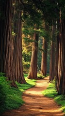 Fototapeta premium A peaceful path meanders through lush greenery and majestic redwoods on a sunny day