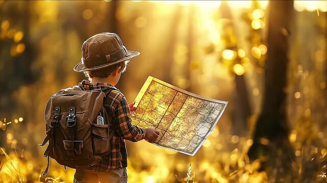 Young boy kid participating to a treasure hunt holding the treasure map