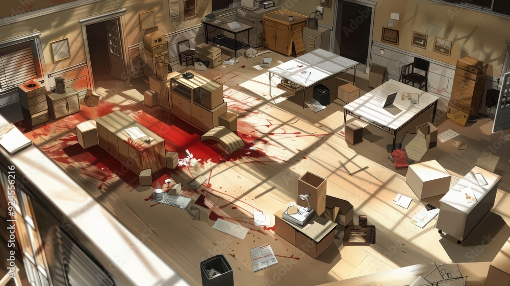 Poster artistic representation of a crime scene sketch, featuring the layout and documentation of a crime s