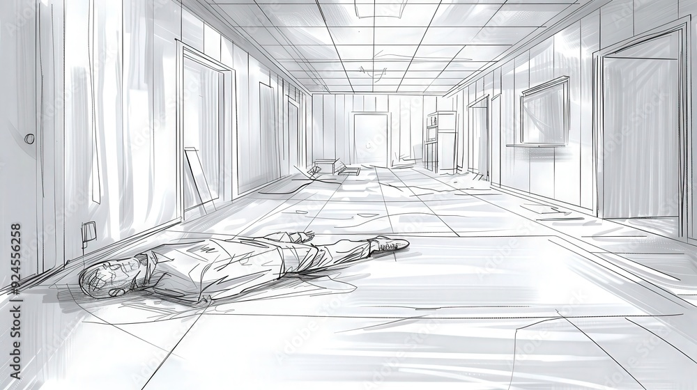 Poster artistic representation of a crime scene sketch, featuring the layout and documentation of a crime s