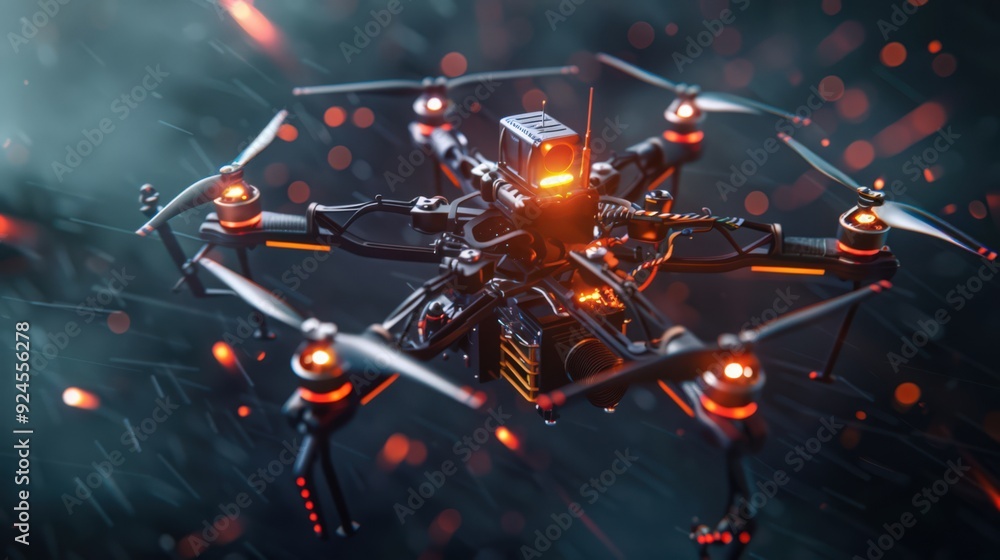Poster artistic representation of a drone with multi-rotors, illustrating its flight dynamics, propulsion s