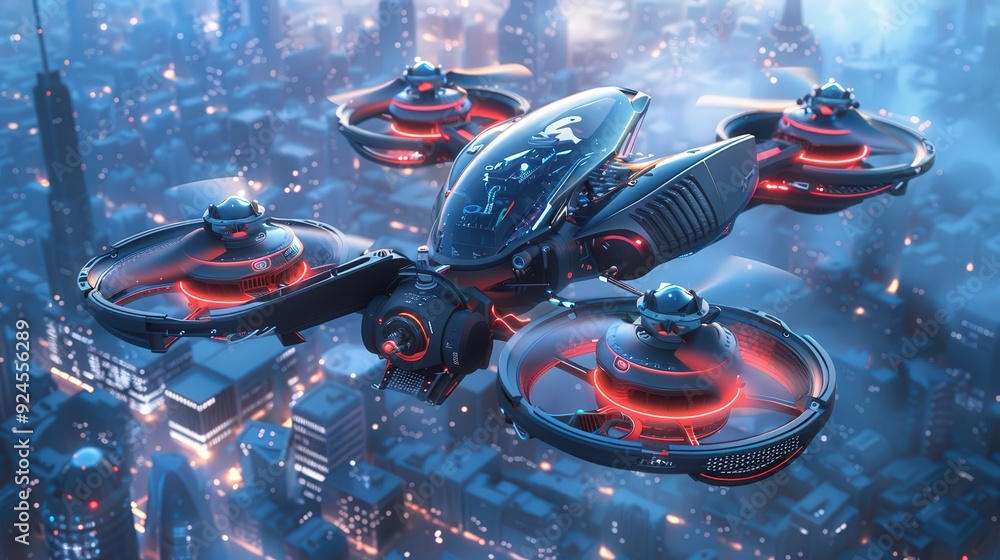 Poster artistic representation of a drone with multi-rotors, illustrating its flight dynamics, propulsion s