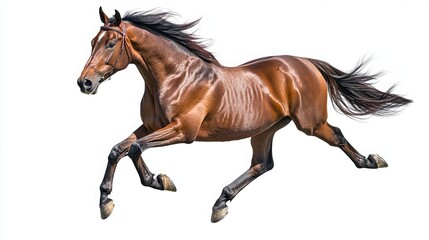 Bay stallion galloping, isolated on a white background