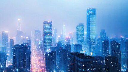Cityscape at Night with Fog and Illuminated Buildings