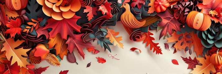 A banner designed to look like 3D paper cutouts, with layered elements of turkeys, leaves, and pumpkins, giving a sense of depth and creativity