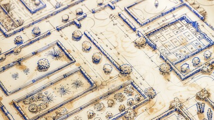 Illustration of a blueprint for a community garden, showing plots for vegetables, pathways, and communal areas for social activities