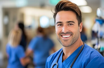 Fototapeta premium Smiling Male Nurse in Scrubs at Hospital Hallway During Daytime