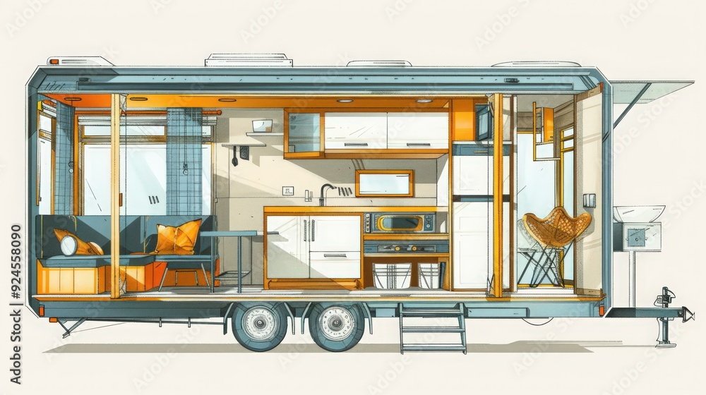 Poster illustration of a blueprint for a tiny house, including compact design elements, efficient use of sp