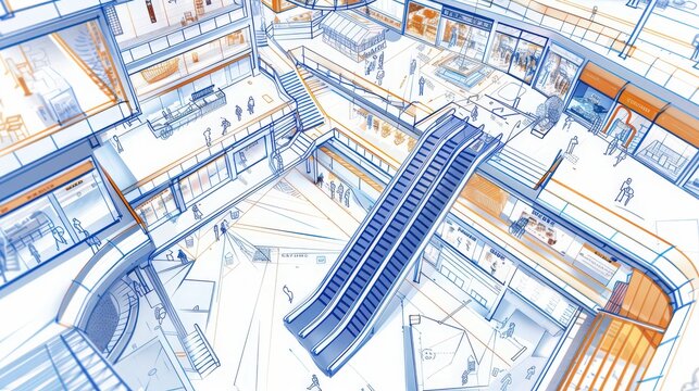 Illustration of a blueprint for a shopping mall, highlighting retail spaces, food courts, and customer amenities such as restrooms